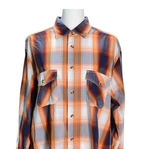 RuffHewn Plaid Button Down Mens Large Orange Blue Cotton Long Sleeve Shirt